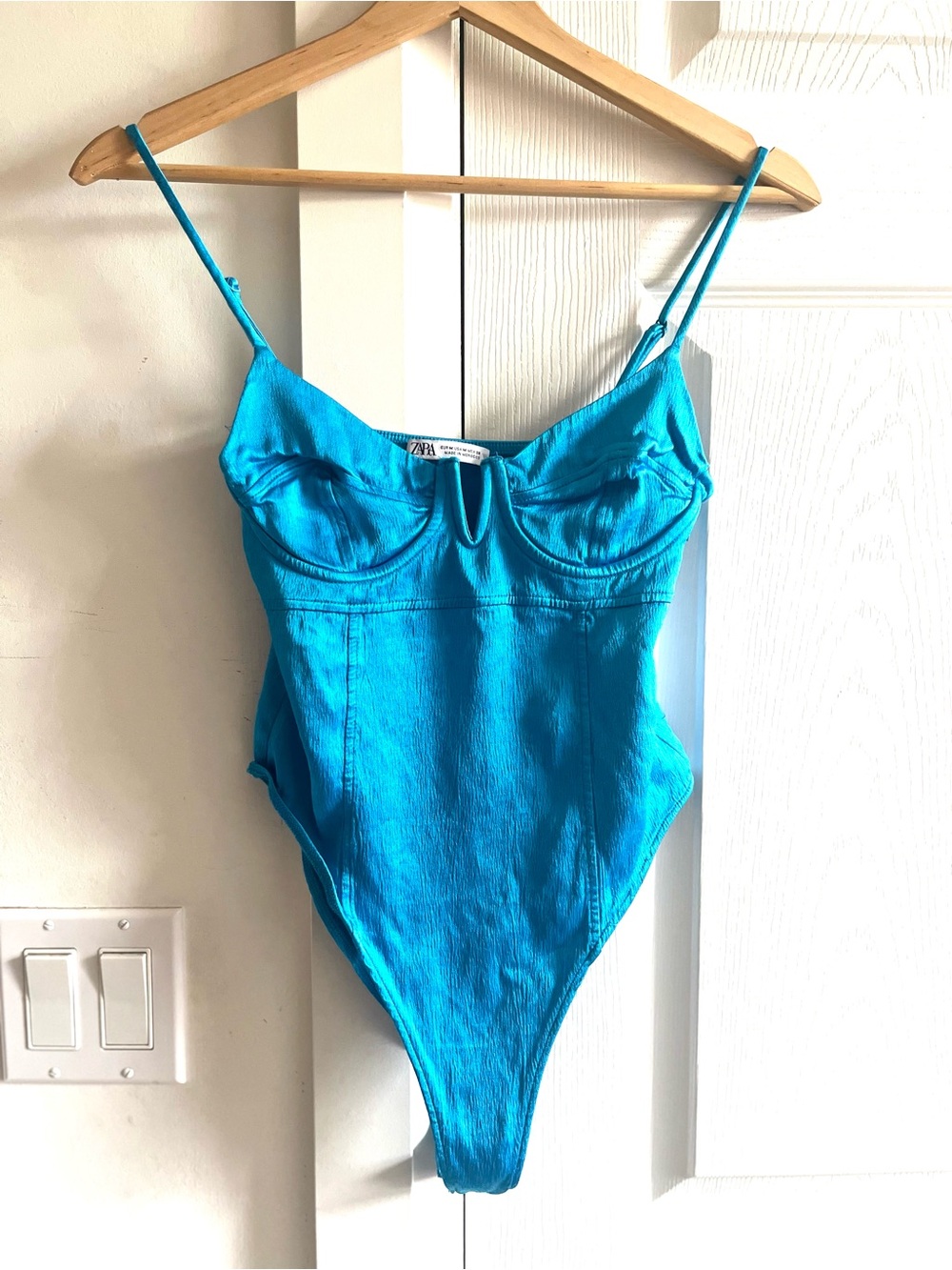 Zara Satin Effect Strappy  Bright Turquoise metallic High-Cut Bodysuit Size M